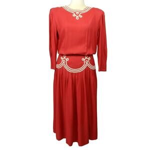 Vintage 80s Sarah Elizabeth Midi Dress Sz L Red Braided Scallop Trim Button Back